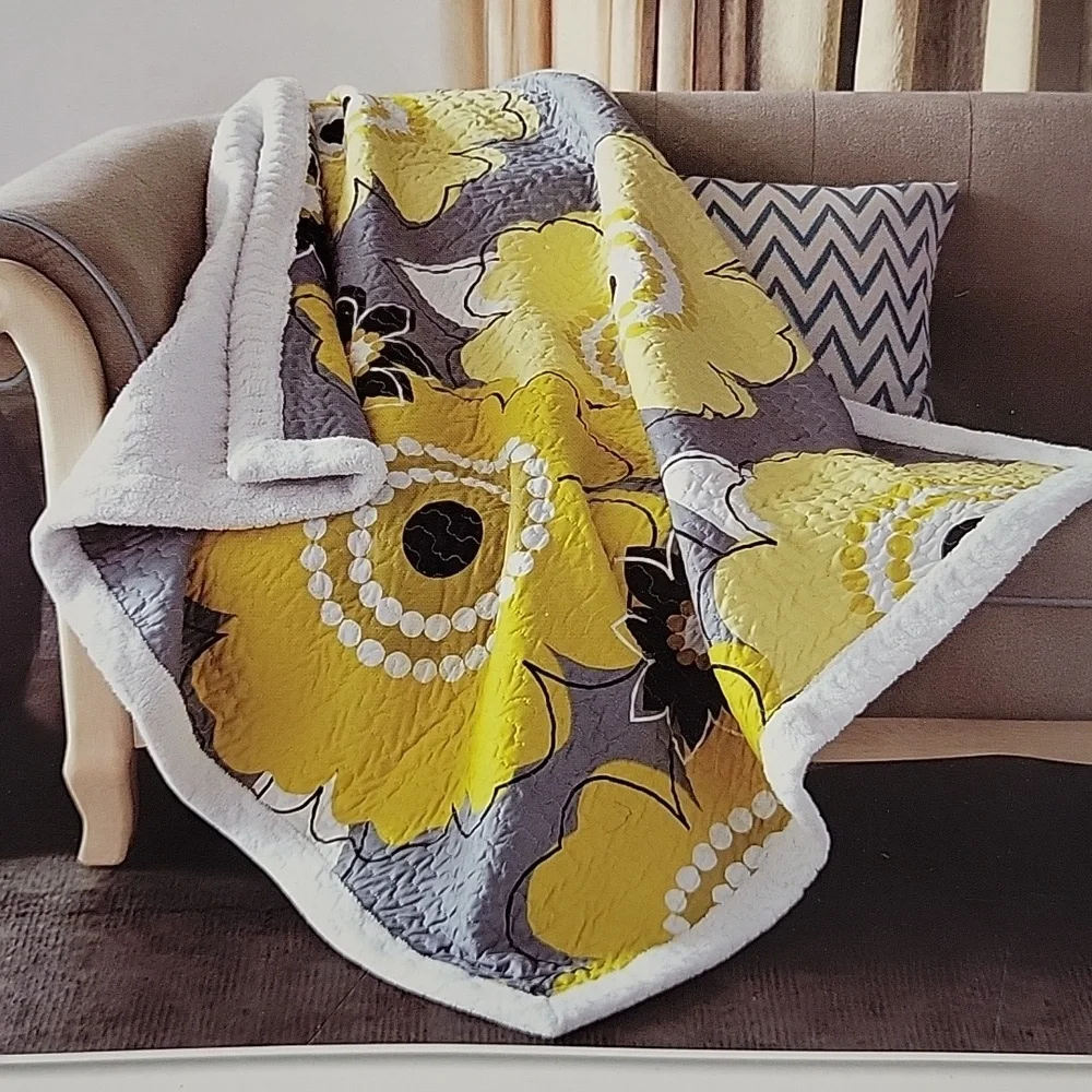Francesca Yellow Gray Quilted Sherpa Throw Blanket 50